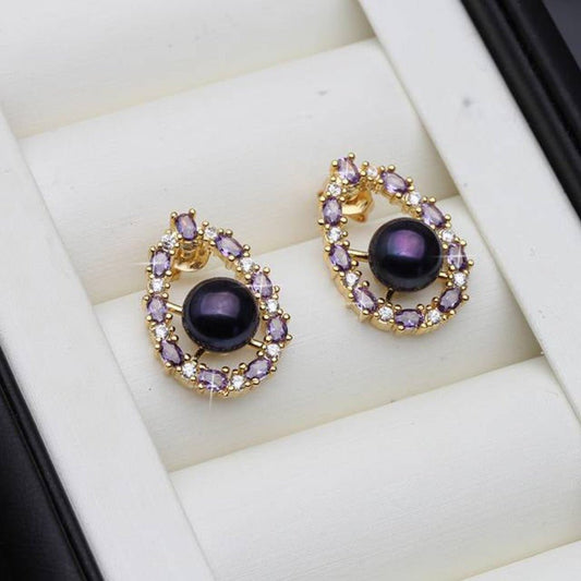 Designer Genuine Freshwater Pearl & Purple Simulated Diamond Stud Oval Earrings - Brands N More