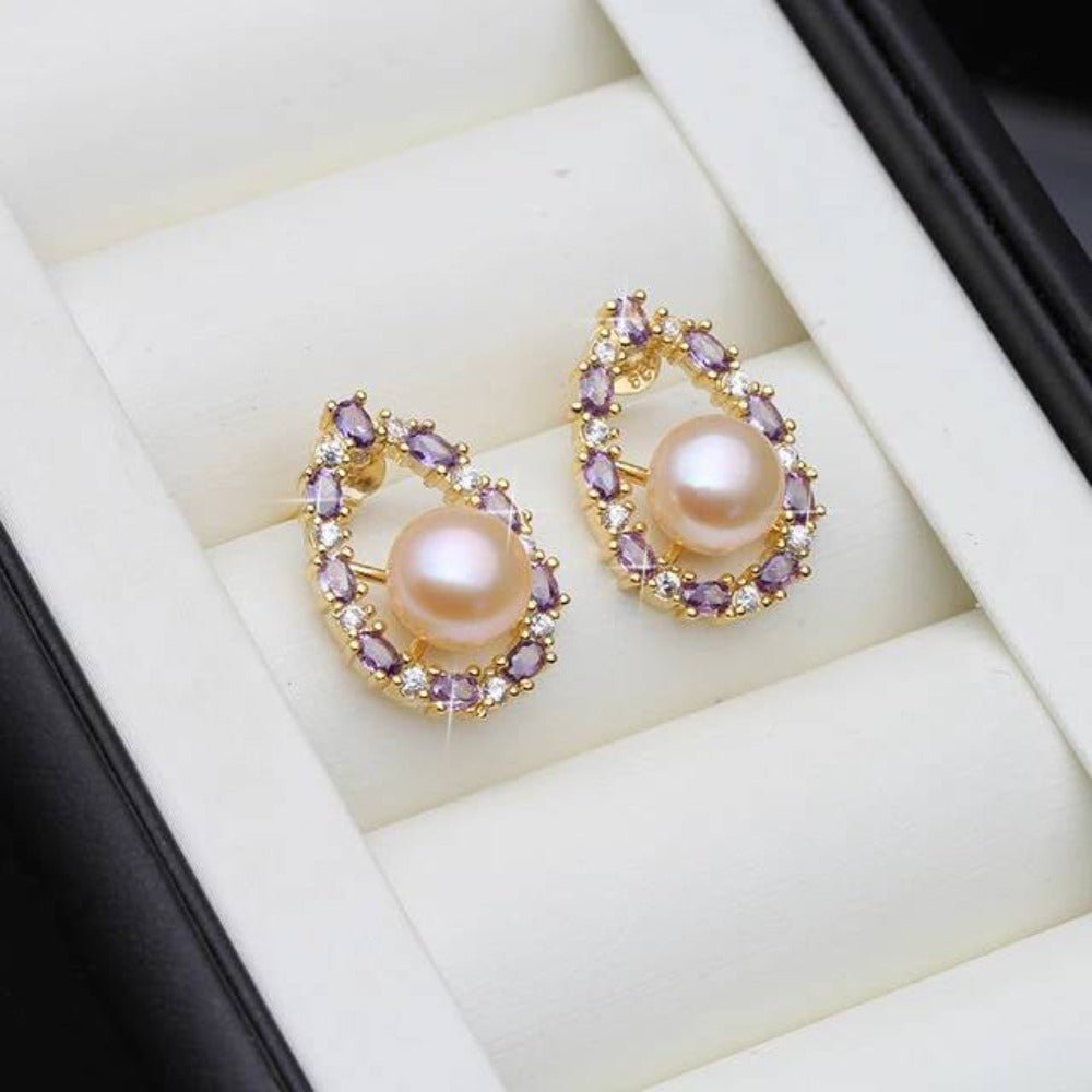 Designer Genuine Freshwater Pearl & Purple Simulated Diamond Stud Oval Earrings - Brands N More