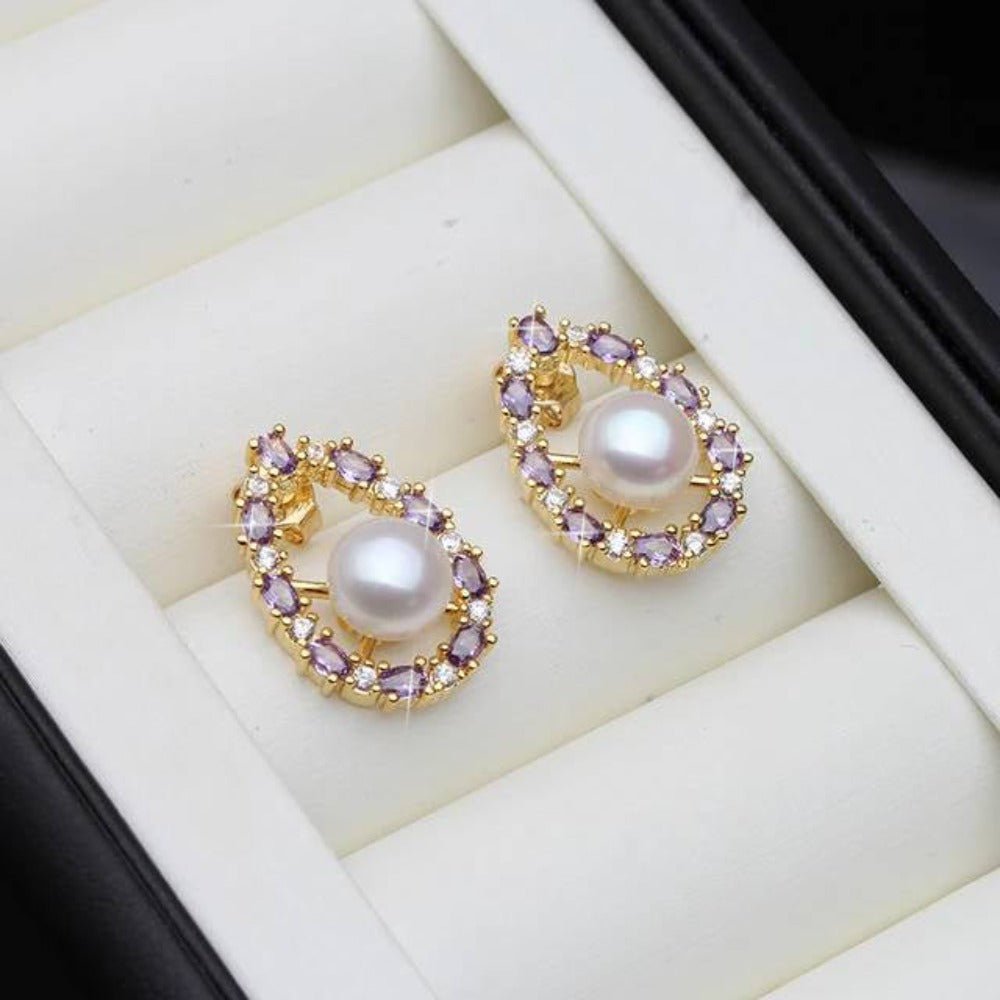 Designer Genuine Freshwater Pearl & Purple Simulated Diamond Stud Oval Earrings - Brands N More