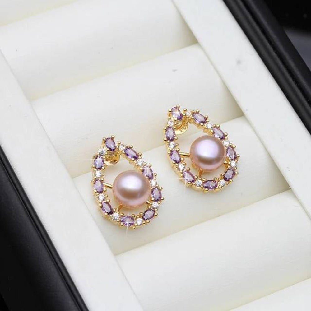 Designer Genuine Freshwater Pearl & Purple Simulated Diamond Stud Oval Earrings - Brands N More