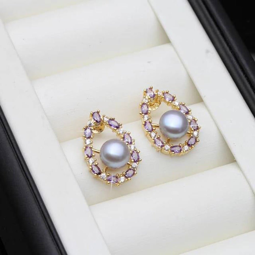 Designer Genuine Freshwater Pearl & Purple Simulated Diamond Stud Oval Earrings - Brands N More
