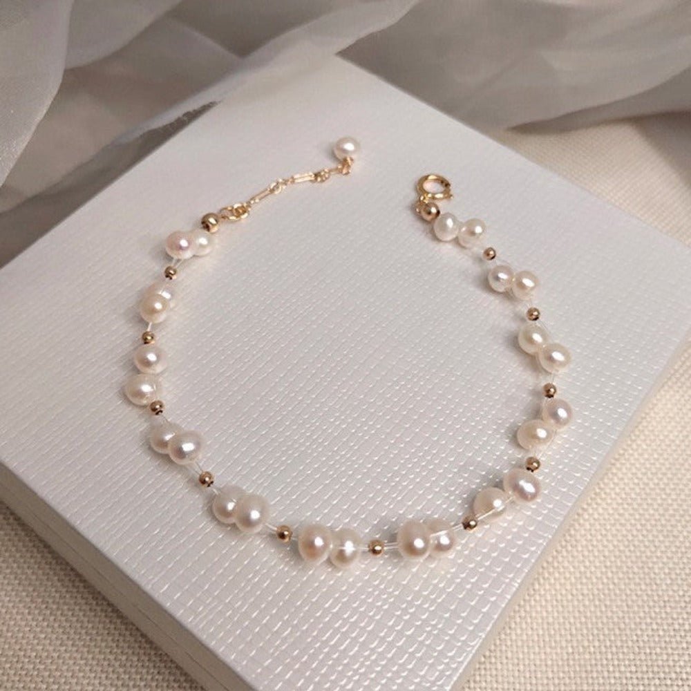 Designer Genuine White Freshwater Pearl Cluster Bracelet in Gold - Brands N More