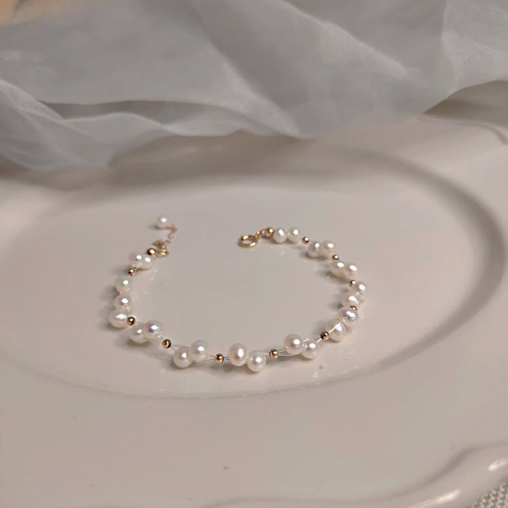 Designer Genuine White Freshwater Pearl Cluster Bracelet in Gold - Brands N More
