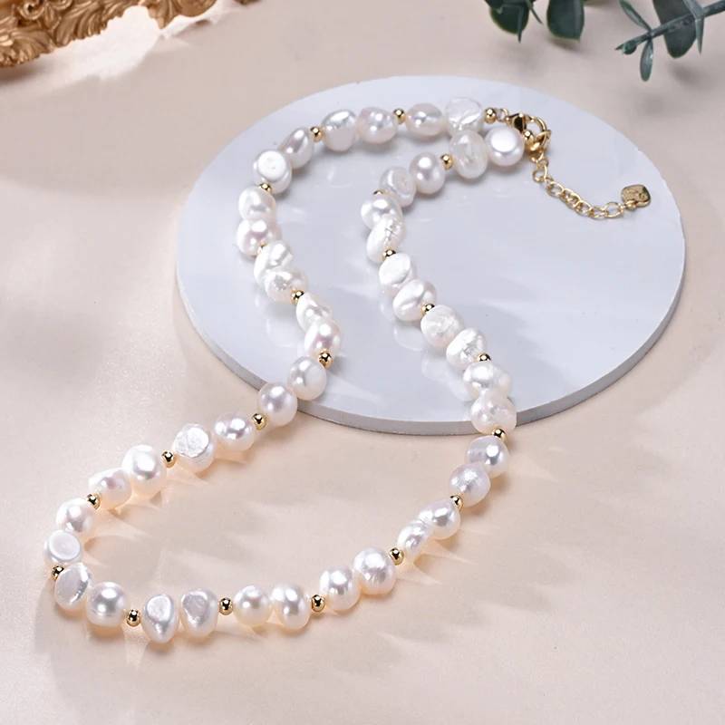 Designer Genuine White Freshwater Pearl Necklace in Gold - Brands N More