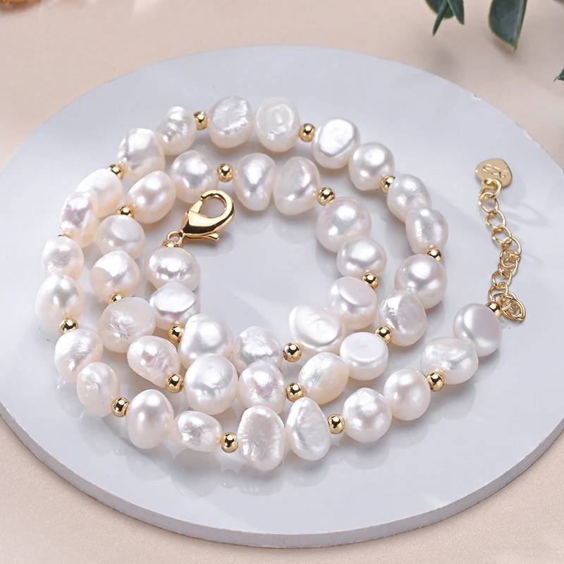 Designer Genuine White Freshwater Pearl Necklace in Gold - Brands N More