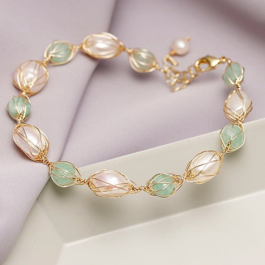 Designer Handmade Genuine White and Mint Freshwater Pearl Bracelet - Brands N More