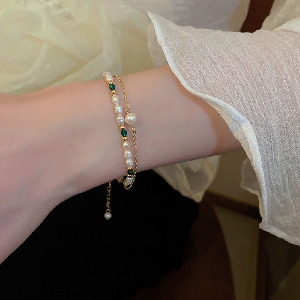 Designer Handmade Genuine White Freshwater Pearl & Simulated Emerald Bracelet in Gold - Brands N More