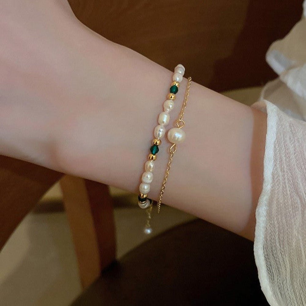 Designer Handmade Genuine White Freshwater Pearl & Simulated Emerald Bracelet in Gold - Brands N More
