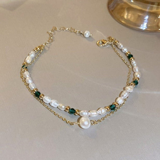 Designer Handmade Genuine White Freshwater Pearl & Simulated Emerald Bracelet in Gold - Brands N More