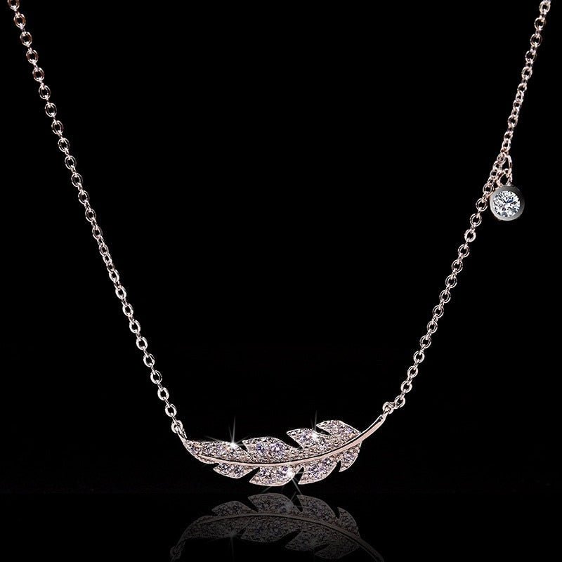 Designer Stainless Steel Simulated Diamond Feather Necklace in Silver - Brands N More