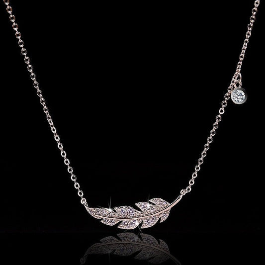 Designer Stainless Steel Simulated Diamond Feather Necklace in Silver - Brands N More