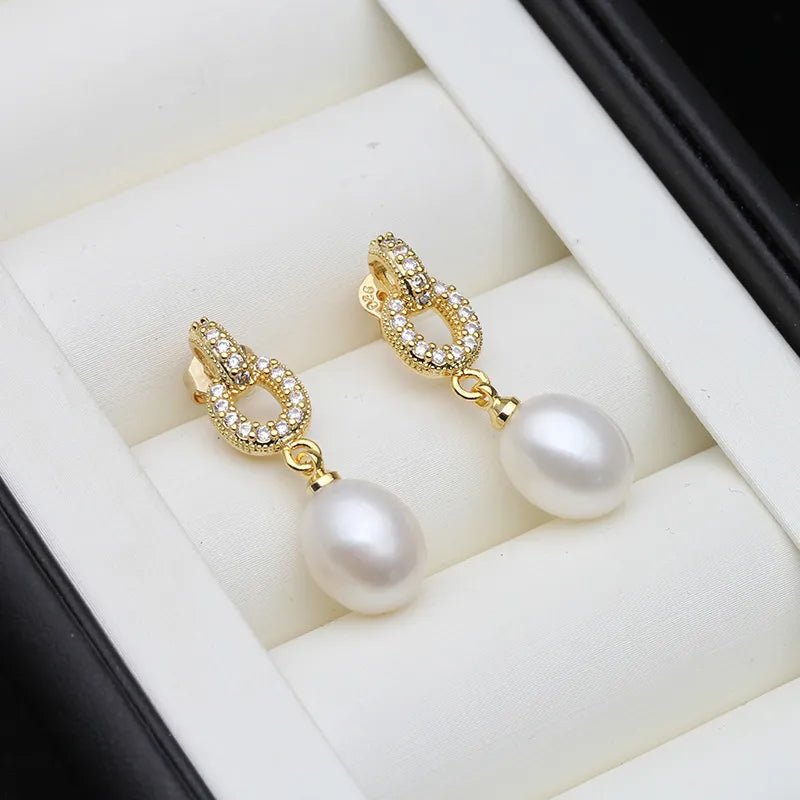 Designer White Freshwater Pearl Drop Earrings in Gold - Brands N More