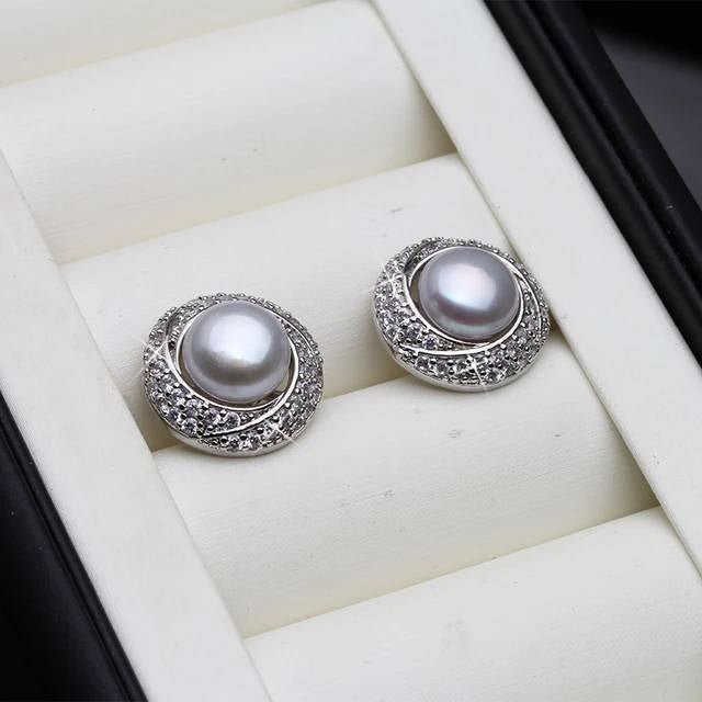 Designer White Freshwater Pearl & Simulated Diamond Round Stud Earrings - Brands N More