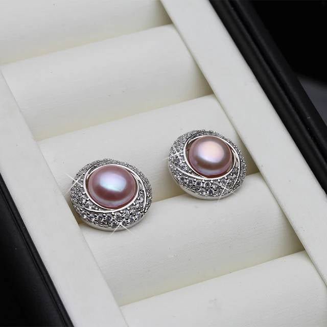 Designer White Freshwater Pearl & Simulated Diamond Round Stud Earrings - Brands N More