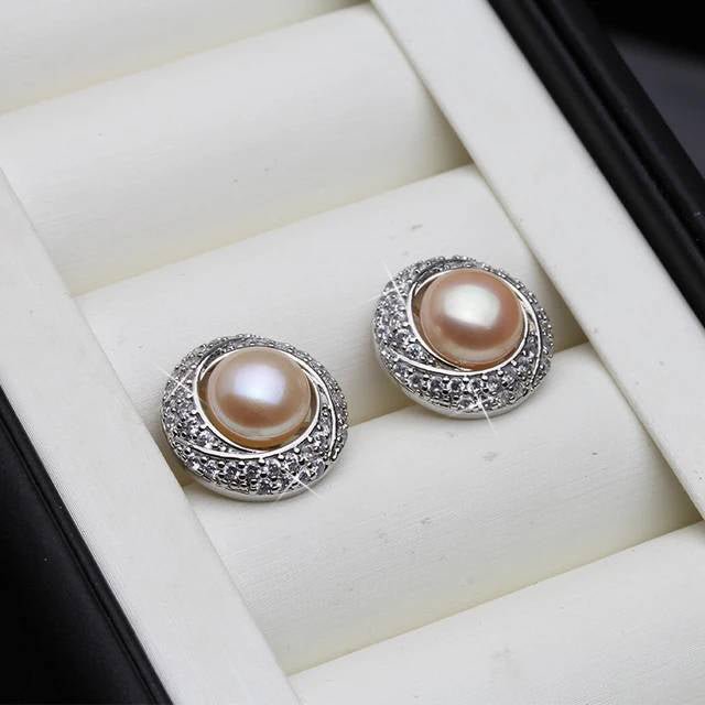 Designer White Freshwater Pearl & Simulated Diamond Round Stud Earrings - Brands N More