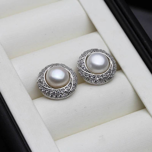 Designer White Freshwater Pearl & Simulated Diamond Round Stud Earrings - Brands N More
