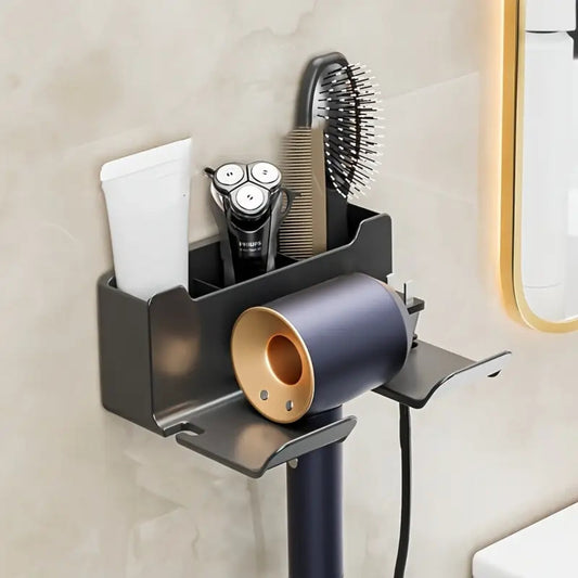 Black metal hair dryer stand with gold cylinder and tool slots