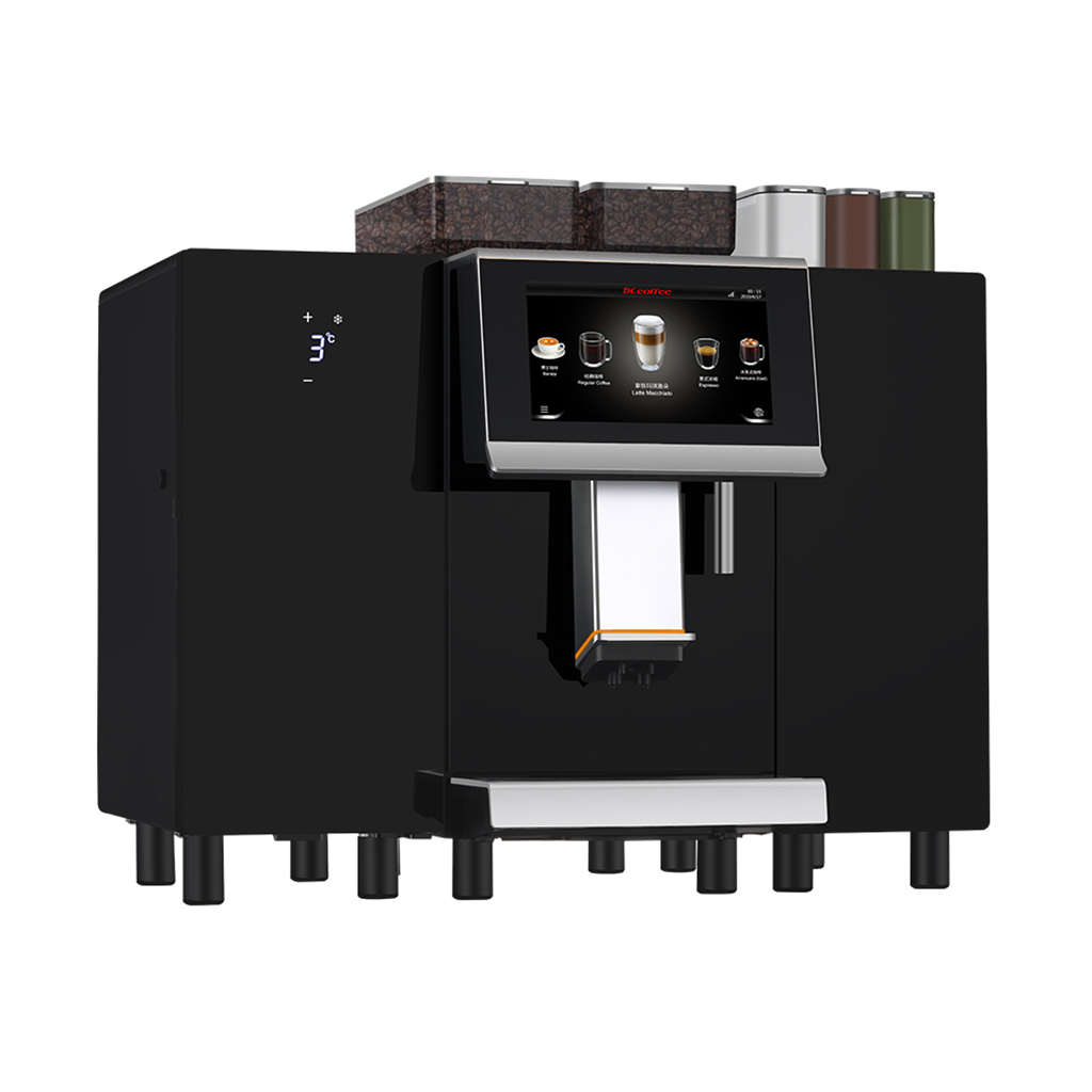 Black coffee machine with a digital display on a white background