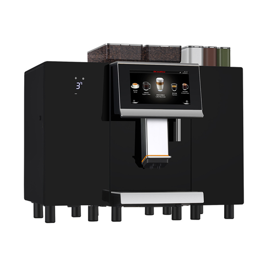 Black coffee machine with a digital display on a white background