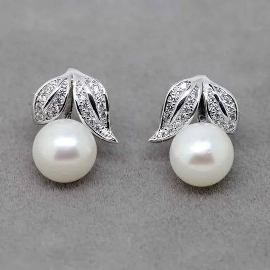 Genuine Freshwater Pearl and Simulated Diamond Leaf Stud Earrings - Brands N More