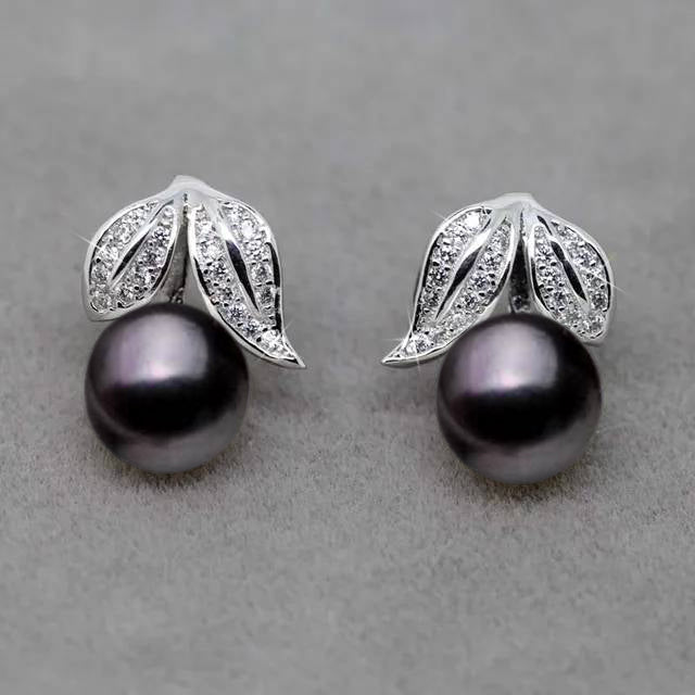 Genuine Freshwater Pearl and Simulated Diamond Leaf Stud Earrings - Brands N More
