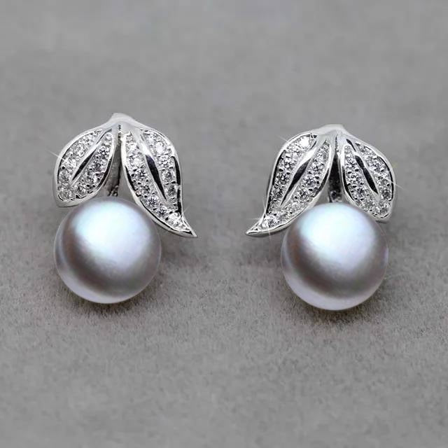 Genuine Freshwater Pearl and Simulated Diamond Leaf Stud Earrings - Brands N More