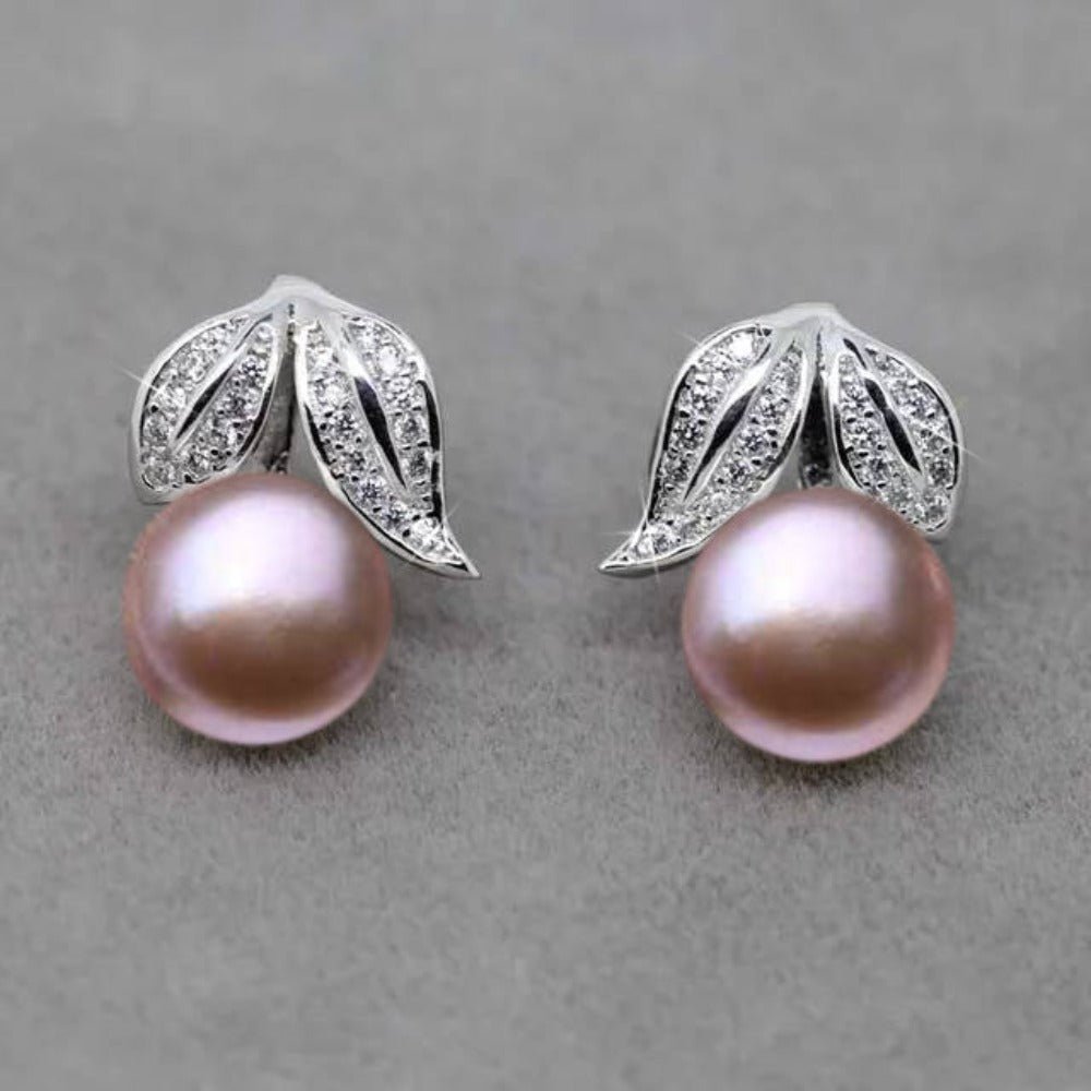 Genuine Freshwater Pearl and Simulated Diamond Leaf Stud Earrings - Brands N More