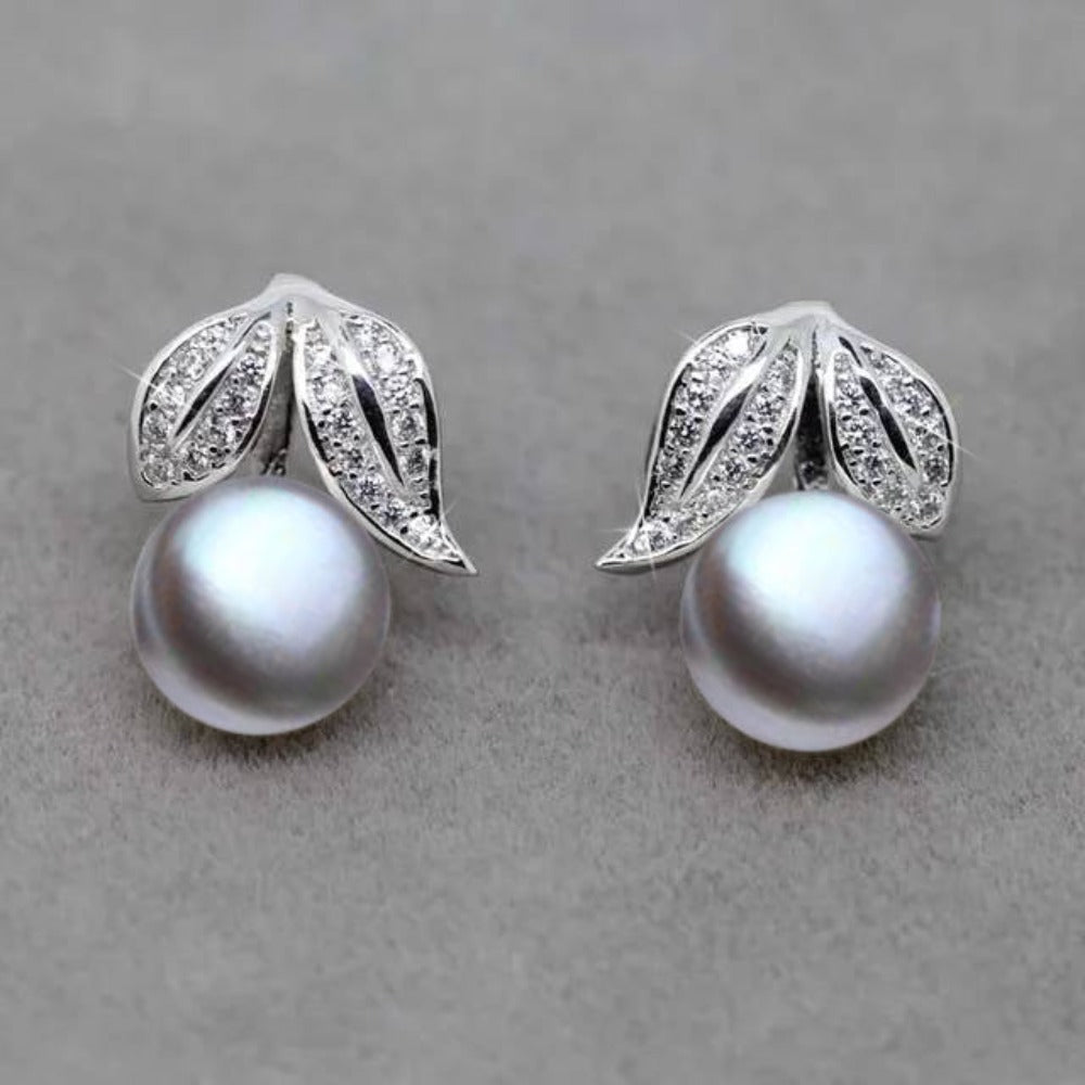 Genuine Freshwater Pearl and Simulated Diamond Leaf Stud Earrings - Brands N More