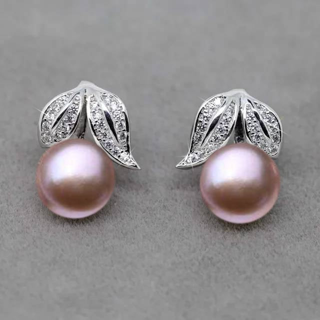 Genuine Freshwater Pearl and Simulated Diamond Leaf Stud Earrings - Brands N More