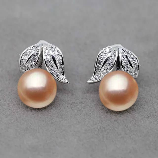 Genuine Freshwater Pearl and Simulated Diamond Leaf Stud Earrings - Brands N More