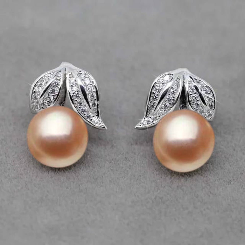 Genuine Freshwater Pearl and Simulated Diamond Leaf Stud Earrings - Brands N More