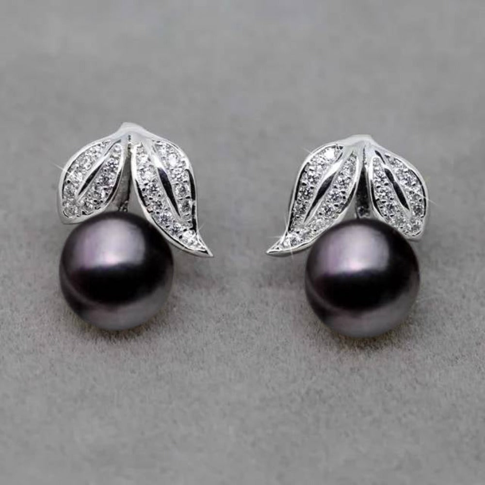 Genuine Freshwater Pearl and Simulated Diamond Leaf Stud Earrings - Brands N More