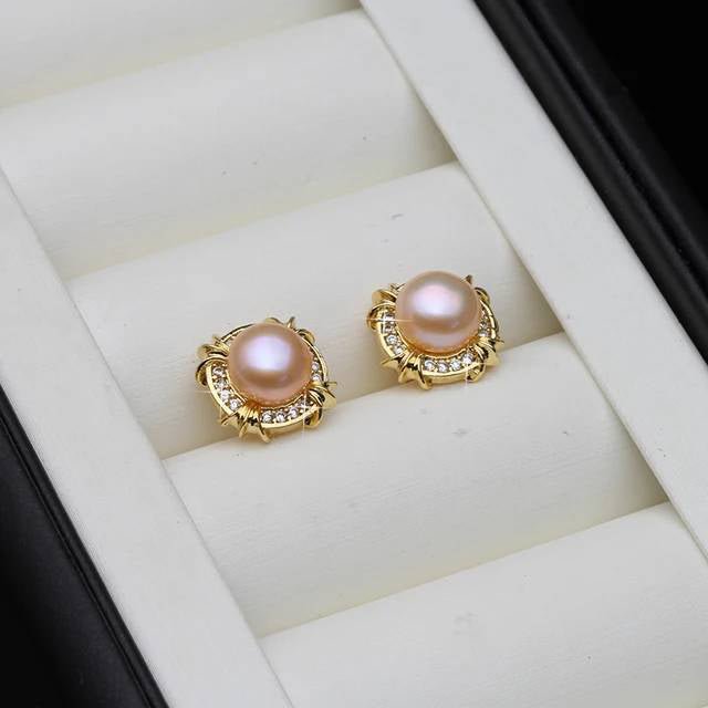 Genuine Freshwater Pearl Designer Stud Earrings with Simulated Diamonds in Gold - Brands N More