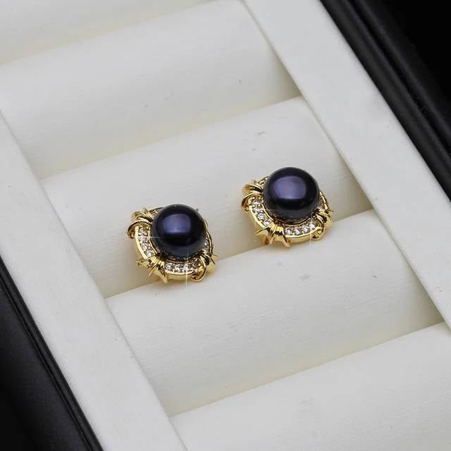 Genuine Freshwater Pearl Designer Stud Earrings with Simulated Diamonds in Gold - Brands N More