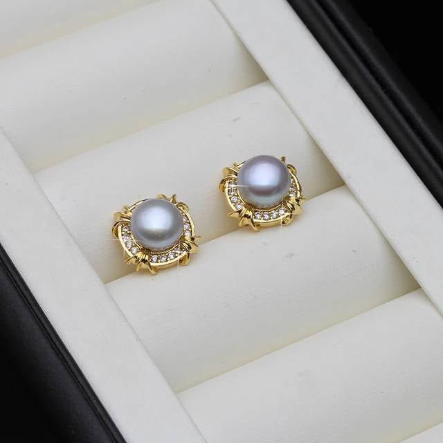 Genuine Freshwater Pearl Designer Stud Earrings with Simulated Diamonds in Gold - Brands N More