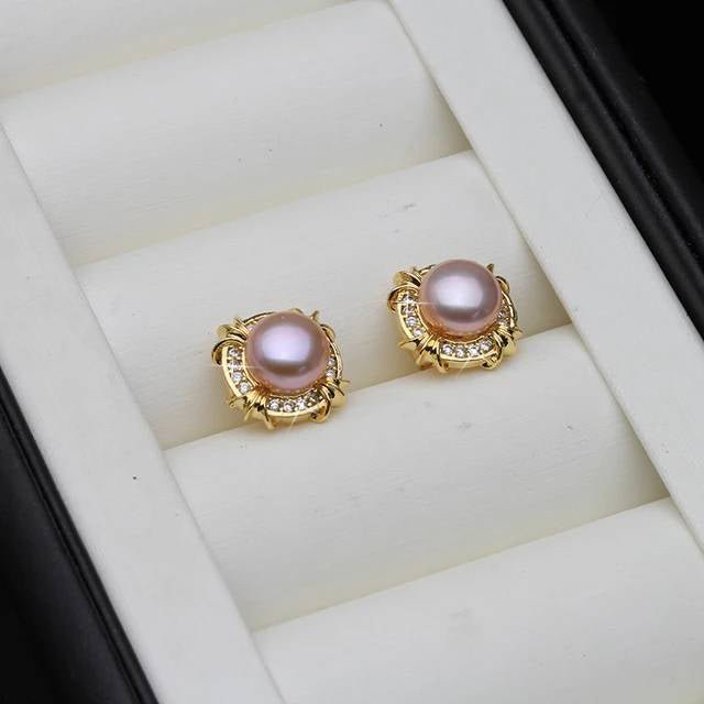 Genuine Freshwater Pearl Designer Stud Earrings with Simulated Diamonds in Gold - Brands N More