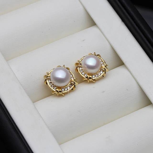 Genuine Freshwater Pearl Designer Stud Earrings with Simulated Diamonds in Gold - Brands N More