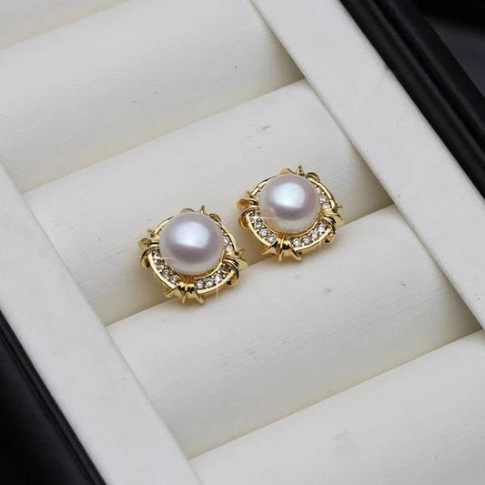 Genuine Freshwater Pearl Designer Stud Earrings with Simulated Diamonds in Gold - Brands N More
