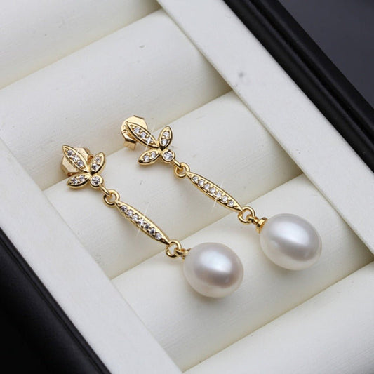 Genuine Freshwater Pearl Long Dangle Earrings in Gold - Brands N More