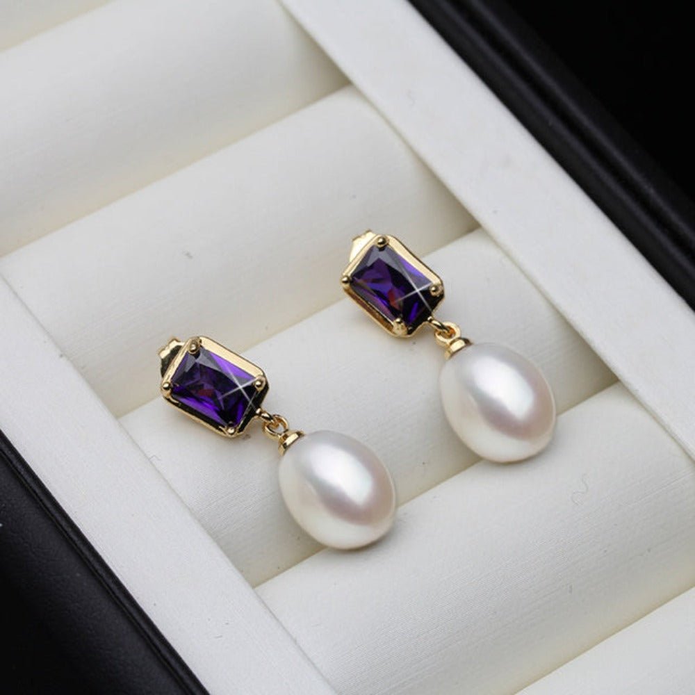Genuine Freshwater Pearl Purple Rectangular Drop Earrings - Brands N More