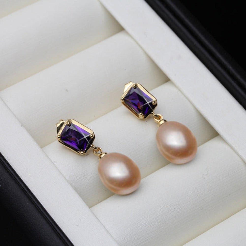 Genuine Freshwater Pearl Purple Rectangular Drop Earrings - Brands N More