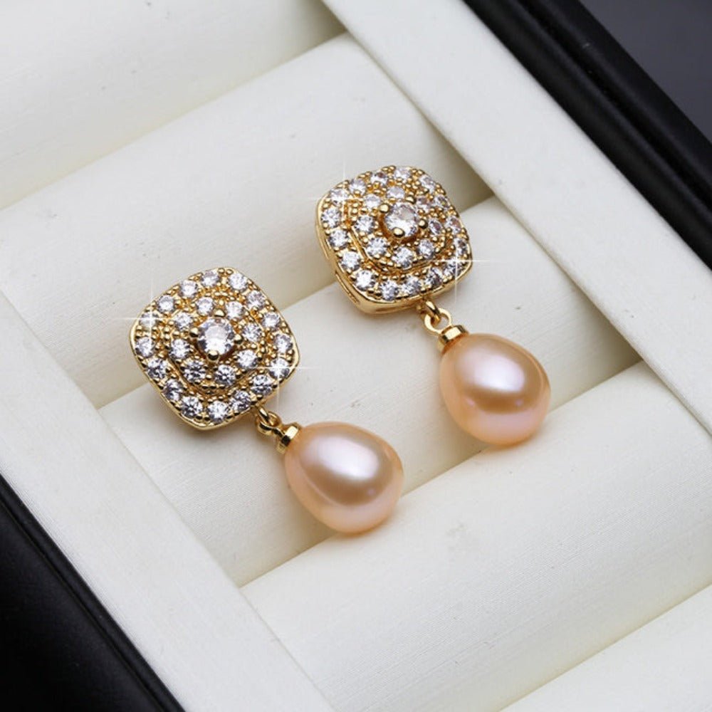 Genuine Freshwater Pearl & Simulated Diamond Drop Earrings in Gold - Brands N More