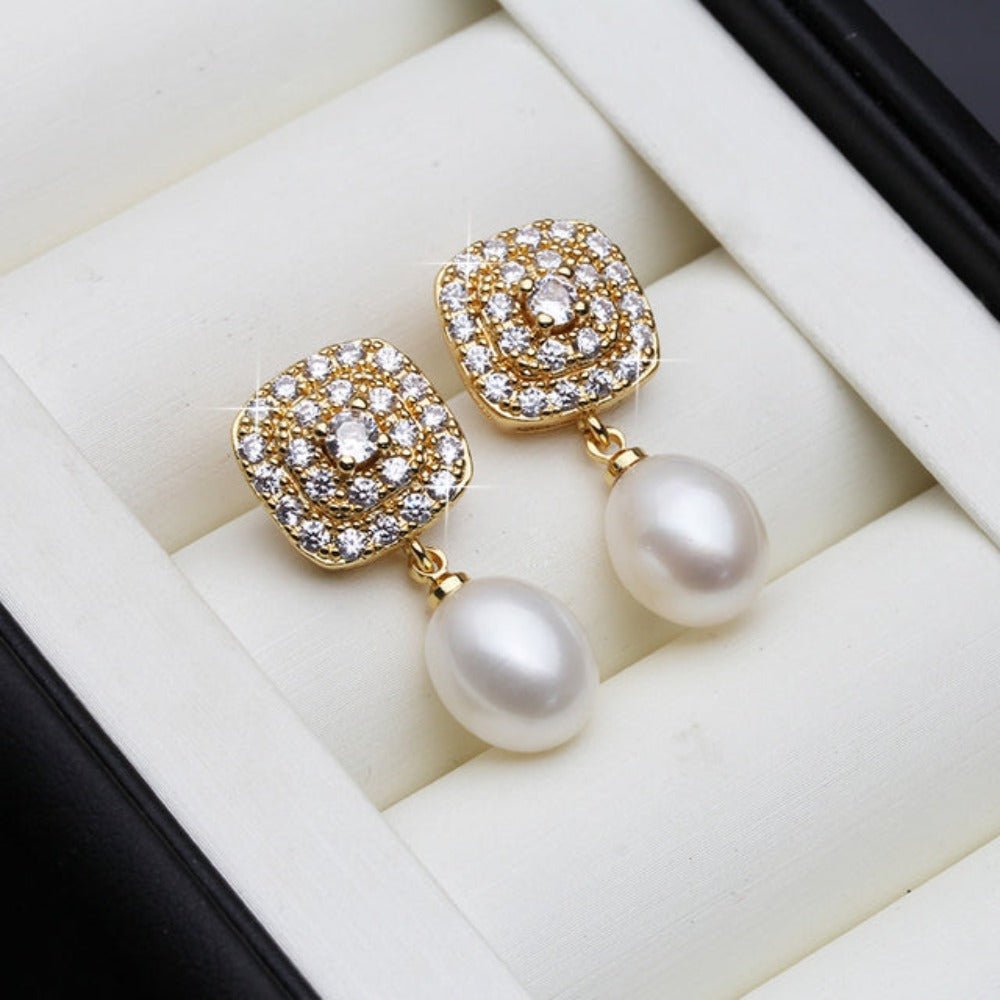 Genuine Freshwater Pearl & Simulated Diamond Drop Earrings in Gold - Brands N More