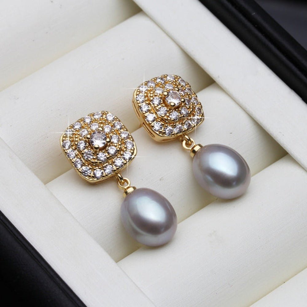 Genuine Freshwater Pearl & Simulated Diamond Drop Earrings in Gold - Brands N More