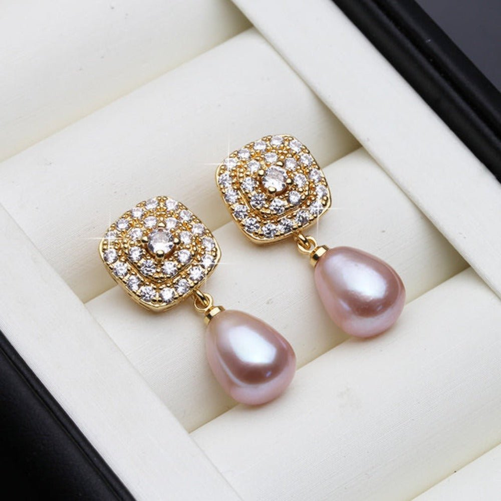 Genuine Freshwater Pearl & Simulated Diamond Drop Earrings in Gold - Brands N More