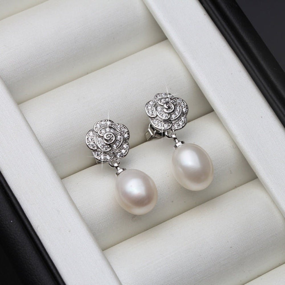 Genuine Freshwater Pearl & Simulated Diamond Floral Drop Earrings - Brands N More