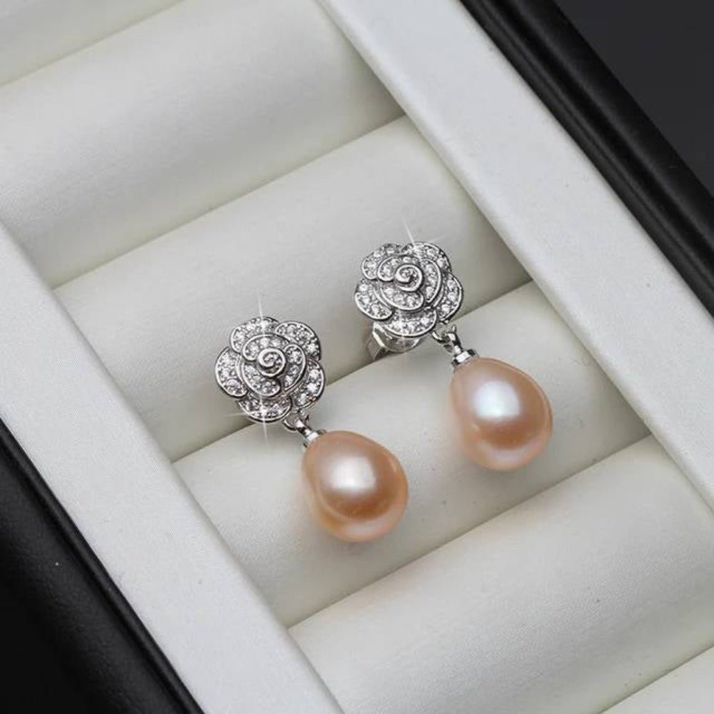 Genuine Freshwater Pearl & Simulated Diamond Floral Drop Earrings - Brands N More