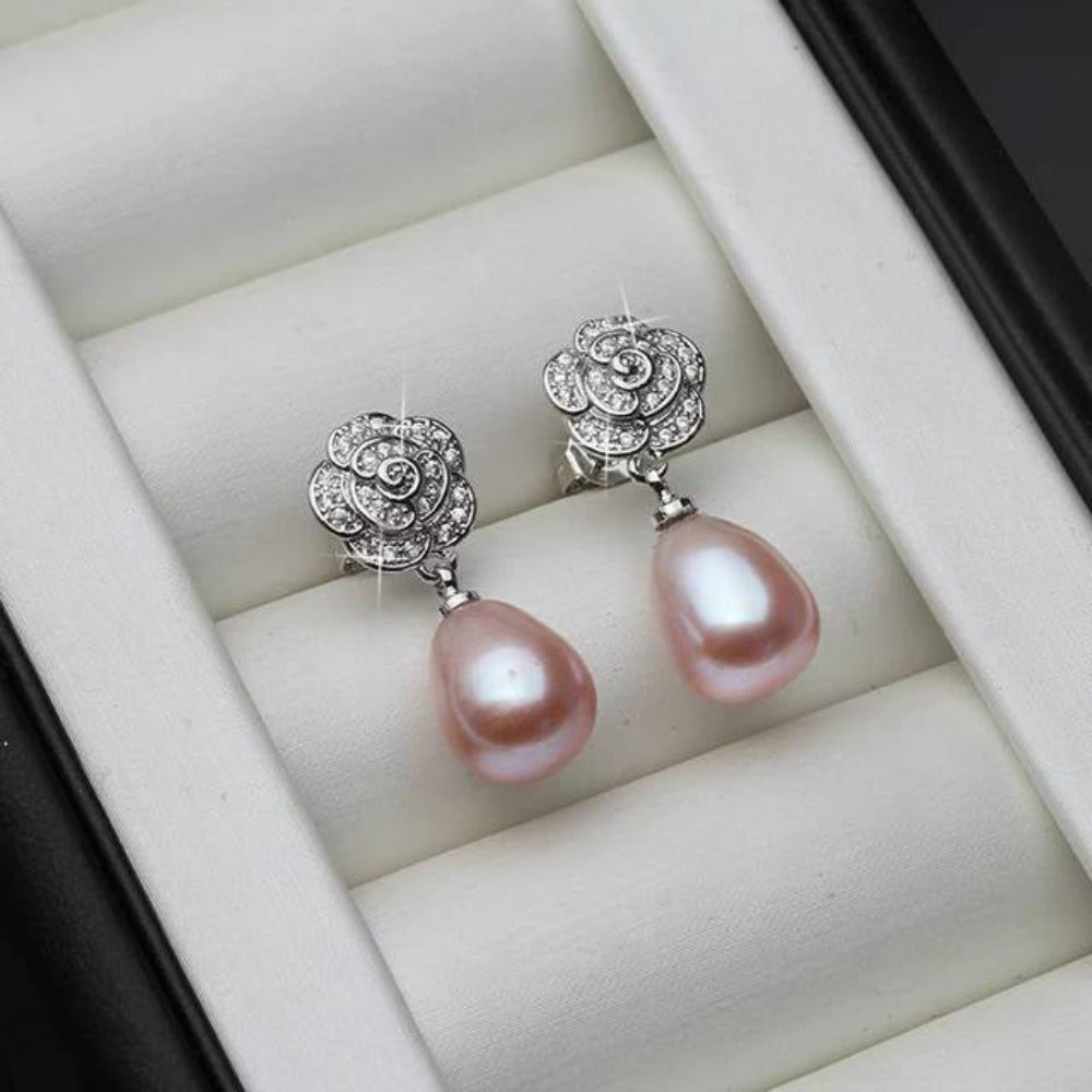 Genuine Freshwater Pearl & Simulated Diamond Floral Drop Earrings - Brands N More