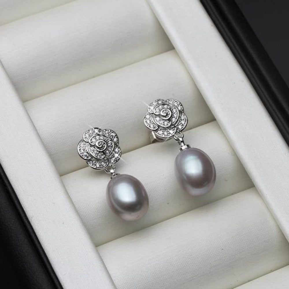 Genuine Freshwater Pearl & Simulated Diamond Floral Drop Earrings - Brands N More
