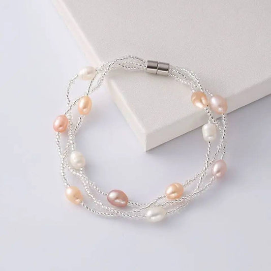Genuine Pink, Purple & White Freshwater Pearl Multilayer Mini Bead Bracelet - Brands N More